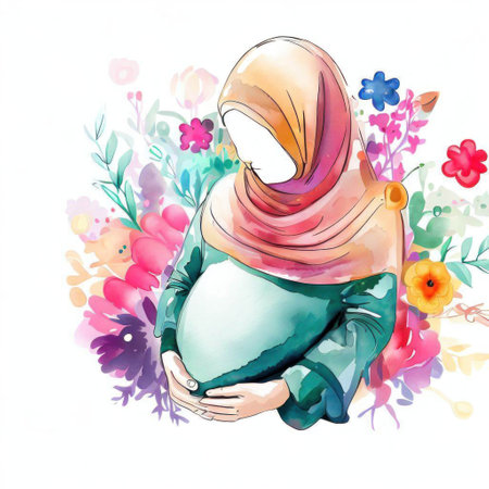 Pregnant muslim woman with flowers. Watercolor illustration.の素材