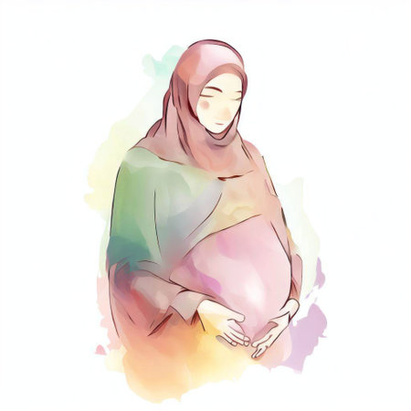 Pregnant woman in hijab. Watercolor painting. Vector illustration.の素材