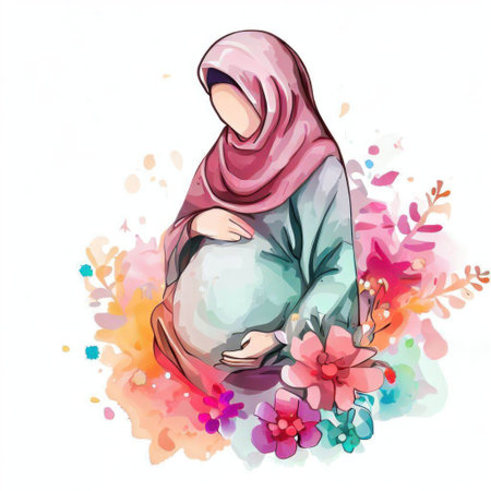 Pregnant muslim woman with flowers on watercolor background.の素材