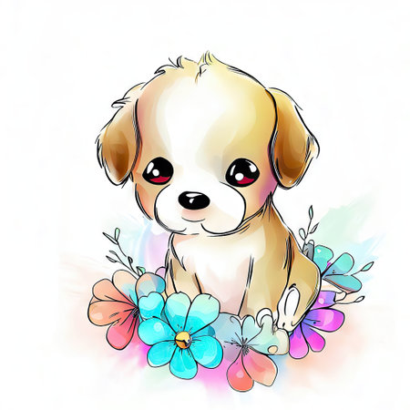 Cute puppy with flowers. Vector illustration of a cute puppy.の素材