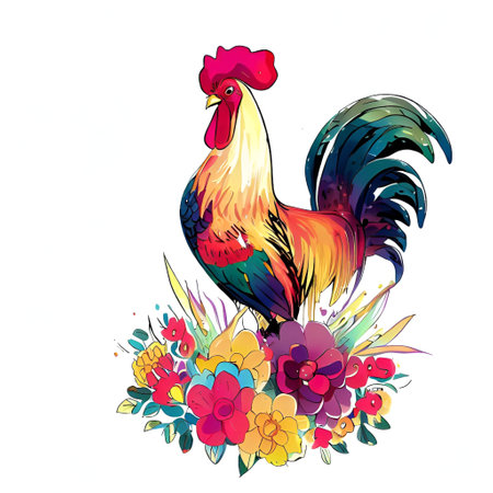 Colorful rooster with flowers on white background. Vector illustration.の素材
