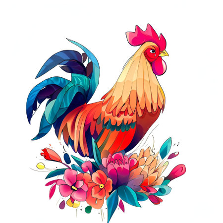 Beautiful rooster with flowers on white background. Vector illustration.の素材