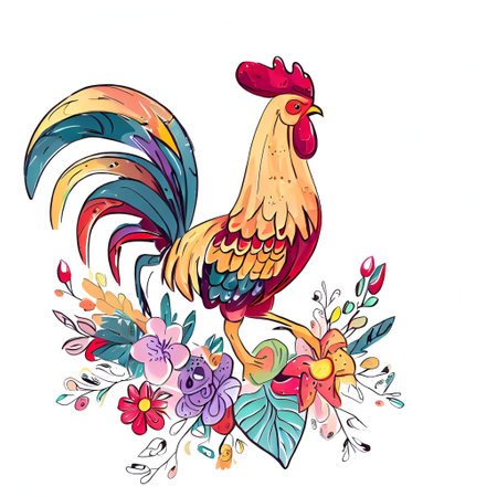 Vector illustration of a rooster with flowers on a white background.の素材