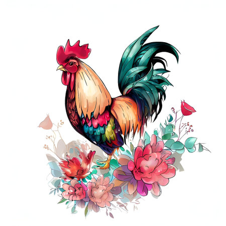 Beautiful rooster with flowers. Illustration in vector format.の素材