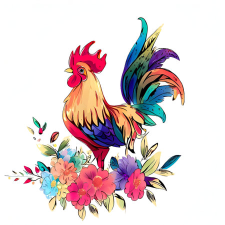 Colorful rooster with flowers on a white background. Vector illustration.の素材