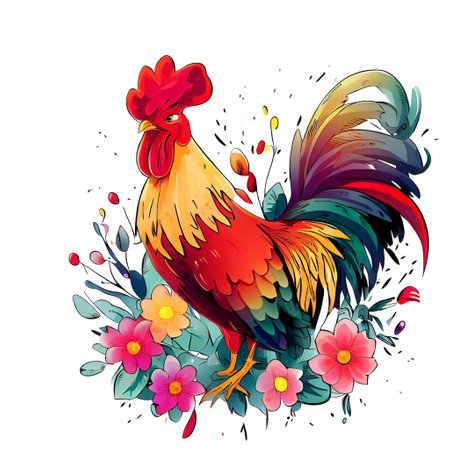 Colorful rooster on a white background with flowers. Vector illustration.の素材