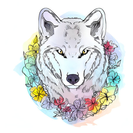 Hand drawn portrait of a wolf with flowers. Vector illustration for your designの素材