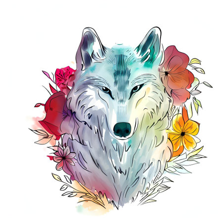 Hand drawn watercolor portrait of a wolf with flowers. Vector illustration.の素材