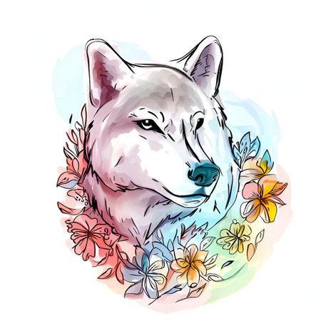 Watercolor hand drawn portrait of a wolf with flowers. Vector illustration.の素材
