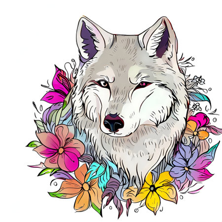 Illustration of wolf head with flowers and leaves on a white backgroundの素材