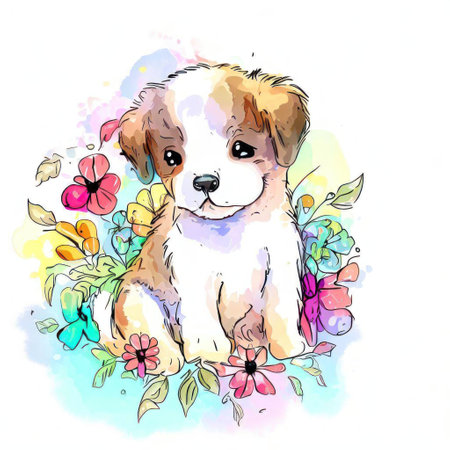 Cute puppy with flowers. Hand drawn vector illustration on white background.の素材