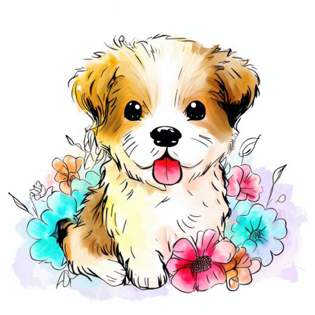 Cute Shih Tzu puppy with flowers. Vector illustration.の素材