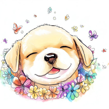 Cute cartoon puppy with flowers on white background. Vector illustration.の素材