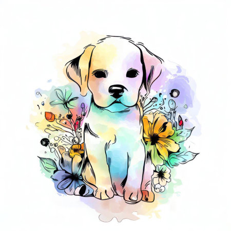 Cute puppy with flowers on watercolor background. Vector illustration.の素材