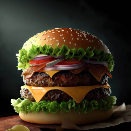 Big tasty hamburger with cheese, lettuce, tomato and onion on dark backgroundの素材