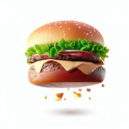 Big hamburger with flying ingredients isolated on white background. 3d illustrationの素材