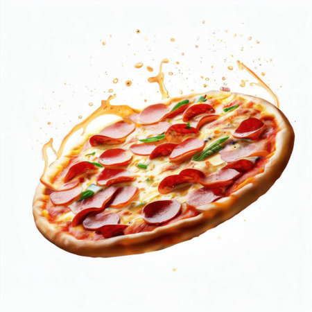 Pizza with ham and mozzarella cheese on a white backgroundの素材
