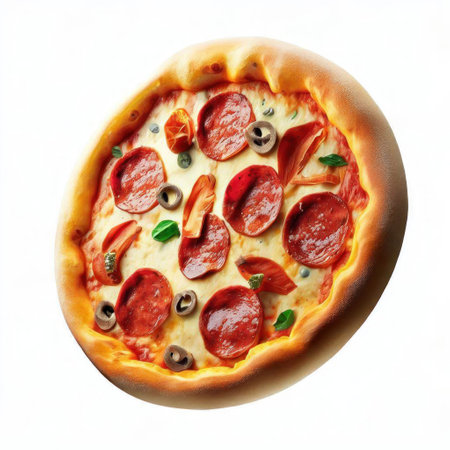 Pizza with salami and mozzarella cheese isolated on whiteの素材