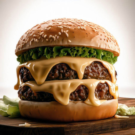 Big hamburger with cheese and lettuce on a wooden board. Toned.の素材
