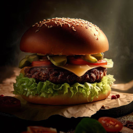 Hamburger with beef patty and vegetables on a dark backgroundの素材
