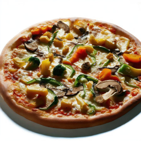 Pizza with mushrooms and vegetables on a white background. Isolatedの素材
