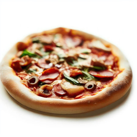 Pizza with salami, mozzarella and olives on white backgroundの素材