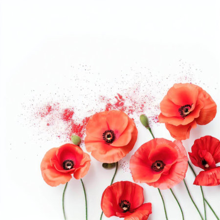 Red poppies on white background. Flat lay, top viewの素材