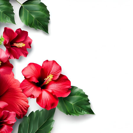 Red hibiscus flowers and green leaves on white background.の素材