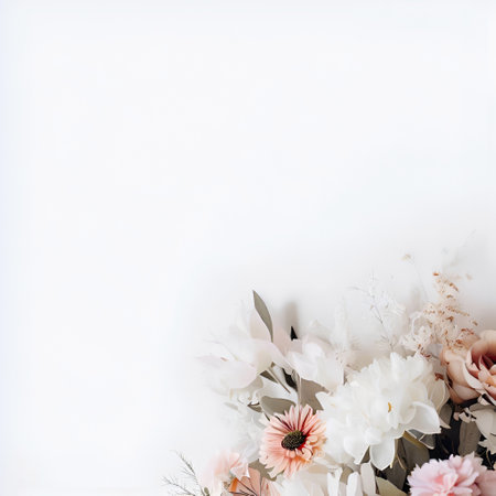 Flowers composition. White and pink flowers on white background. Flat lay, top view, copy spaceの素材