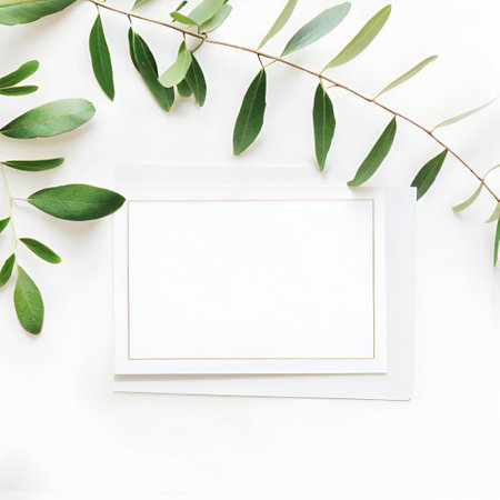 Eucalyptus leaves and blank photo frame on white background. Flat lay, top viewの素材