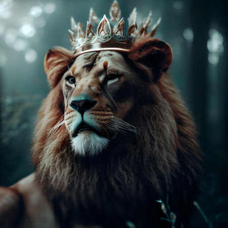 Lion king in the forest. Fantasy portrait of a male lion in a crown.の素材