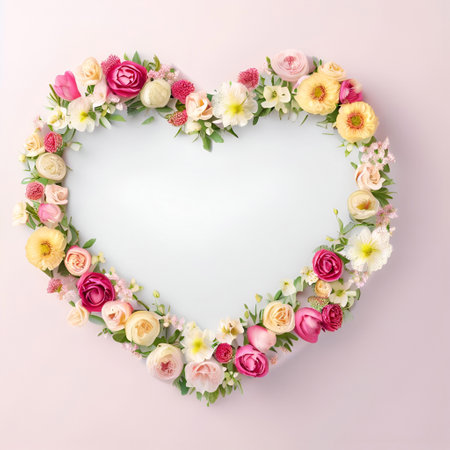 Flowers in heart shape frame on pink background. Flat lay, top viewの素材