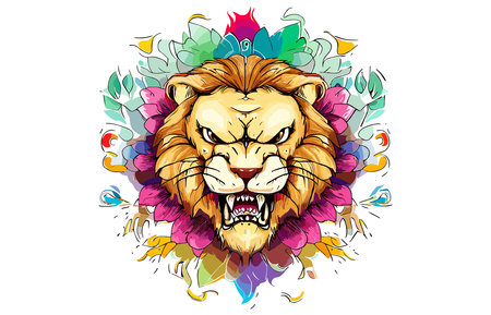 Lion head with colorful floral ornament. Hand drawn vector illustration.のイラスト素材