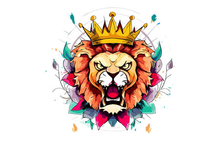Lion head with crown and colorful floral elements. Vector illustration.のイラスト素材