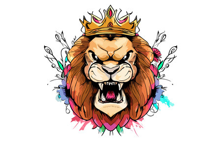 Lion head with crown. Vector illustration isolated on white background.のイラスト素材