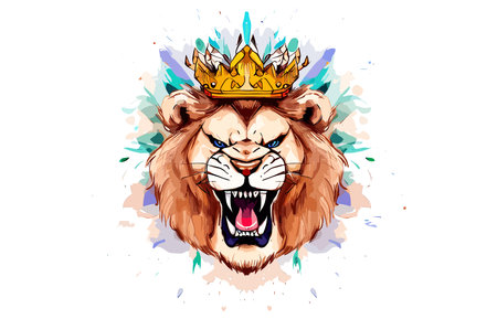 Lion head with crown. Hand drawn vector illustration isolated on white background.のイラスト素材