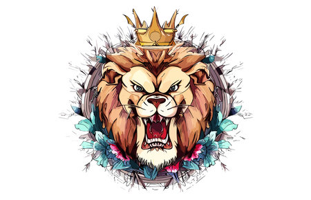Lion head and crown. Hand drawn vector illustration on white background.