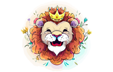 Lion head with crown and flowers. Hand drawn vector illustration.のイラスト素材