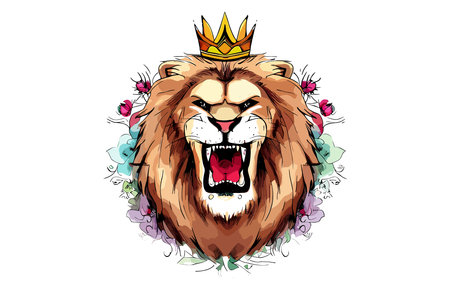 Lion head with crown and flowers on white background. Vector illustration.のイラスト素材