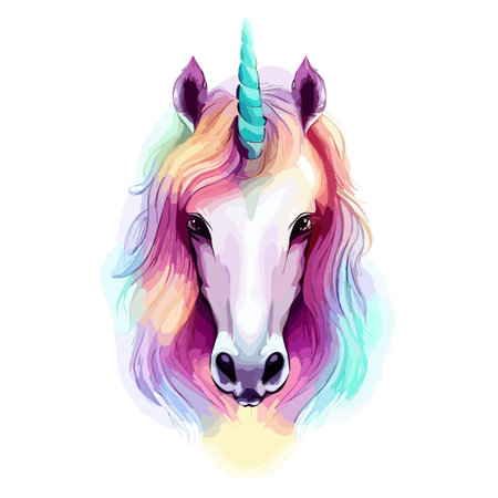 Unicorn head with rainbow mane. Vector illustration isolated on white background.のイラスト素材