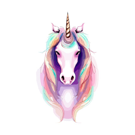 Unicorn head with rainbow mane and horn. Vector illustrationのイラスト素材