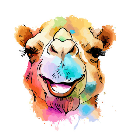 Camel head with colorful watercolor splashes. Vector illustration.のイラスト素材