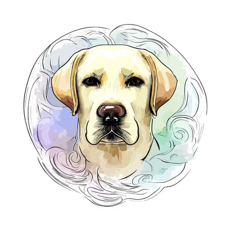 Cute yellow labrador retriever puppy in a watercolor circleのイラスト素材