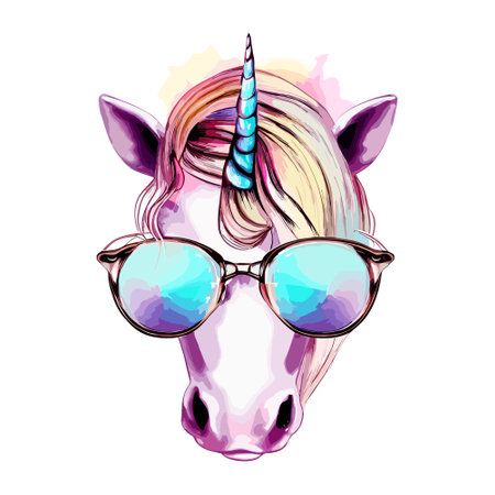 Unicorn head with unicorn horn and sunglasses. Vector illustration.のイラスト素材
