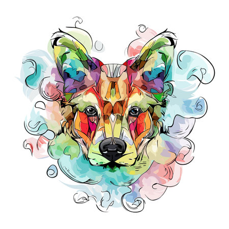 Hand drawn vector portrait of a dog with colorful watercolor splashes.のイラスト素材