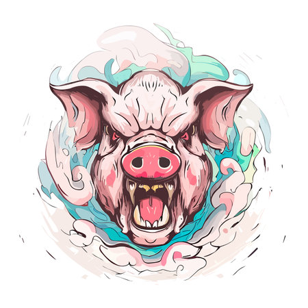 Pig head with splashes of water. Vector hand drawn illustrationのイラスト素材