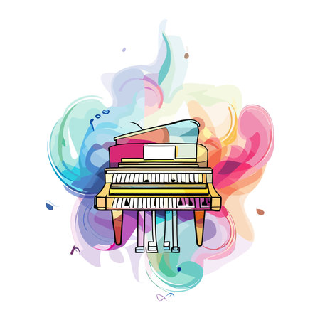 Colorful piano on watercolor splashes background. Vector illustration.のイラスト素材