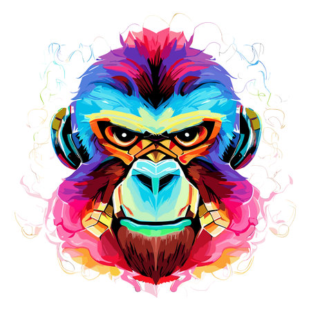 Gorilla head with headphones and colorful smoke. Vector illustration.のイラスト素材