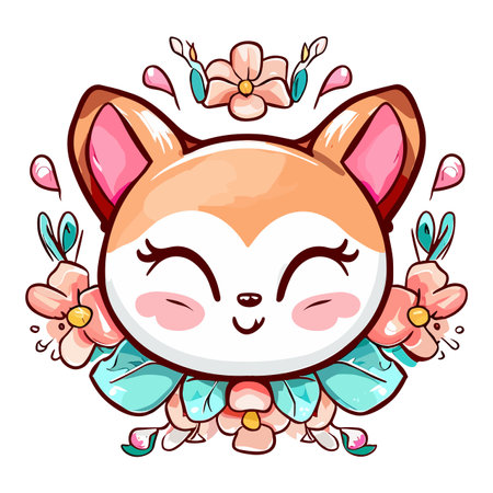 Cute fox with flowers. Cartoon vector illustration isolated on white background.のイラスト素材