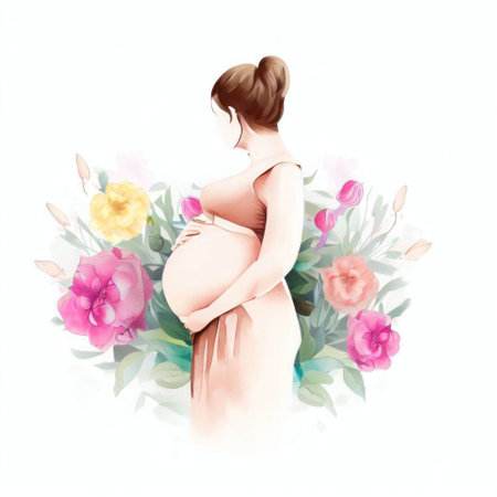 Pregnant woman with flowers. Watercolor illustration for your designの素材